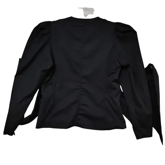 Zara Poplin Mock Wrap Blouse Size XL Black Long Puffy Sleeves Tie at the Waist - Picture 5 of 9